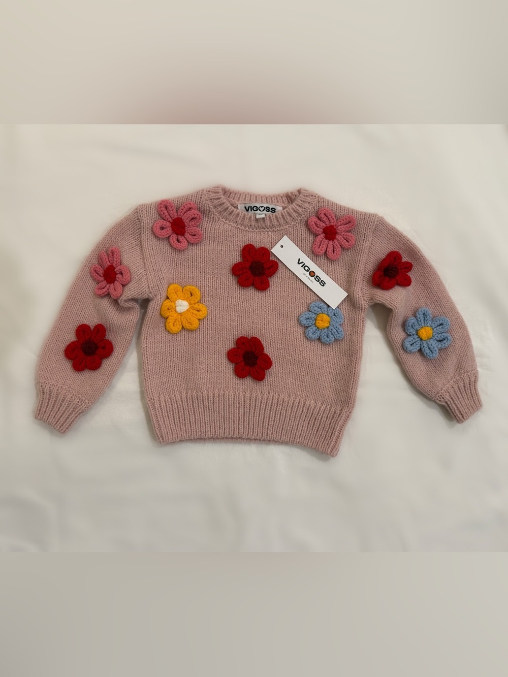 Vigoss NWT Girls Floral Crochet Sweater Size S(4) — Pink 3D Flower Knit Pullover